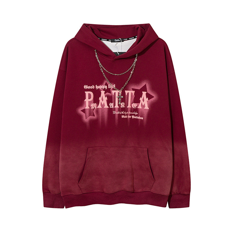 Streetwear Hoodie Vintage Star gradual change hooded sweater hip hop loose strap necklace hoodie