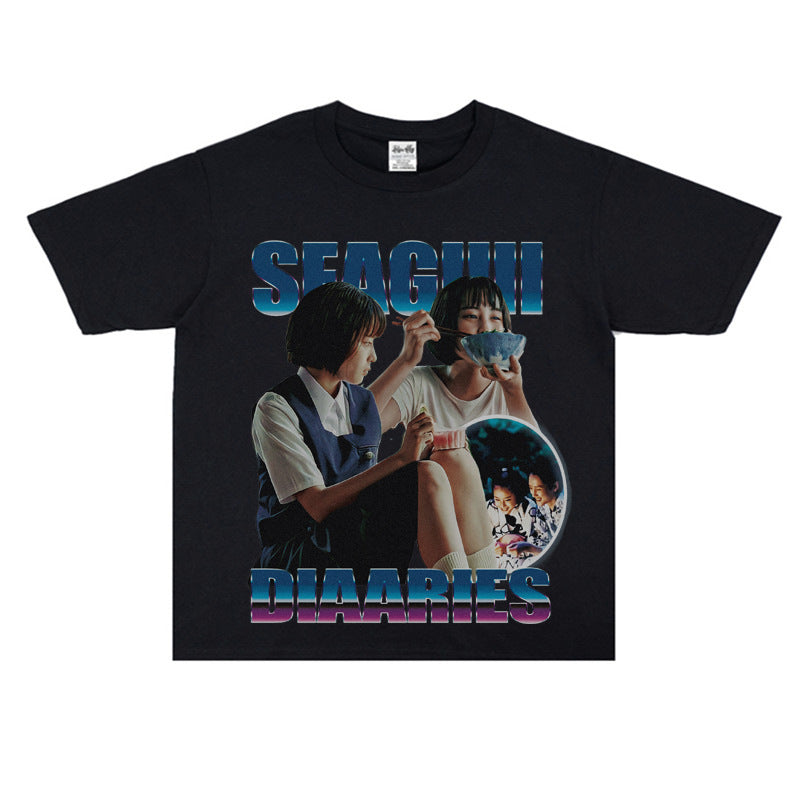 Film Star T Shirt Sea Street Diary Loose Retro Street Pure Cotton American T-shirt Men and Women