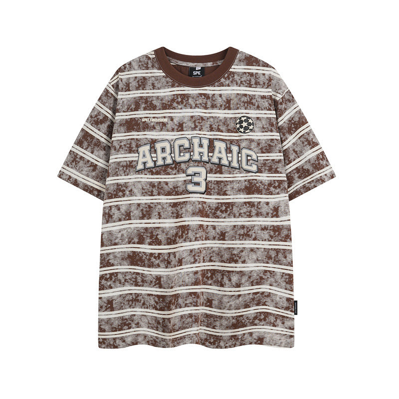 Casual Street Wear Vintage Striped Short Sleeve T-Shirt Crew Neck Loose Casual