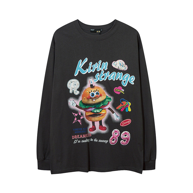 Vintage T Shirts Hip Hop Cartoon Printed Top Hip Hop Loose Oversize Long Sleeve T-Shirt