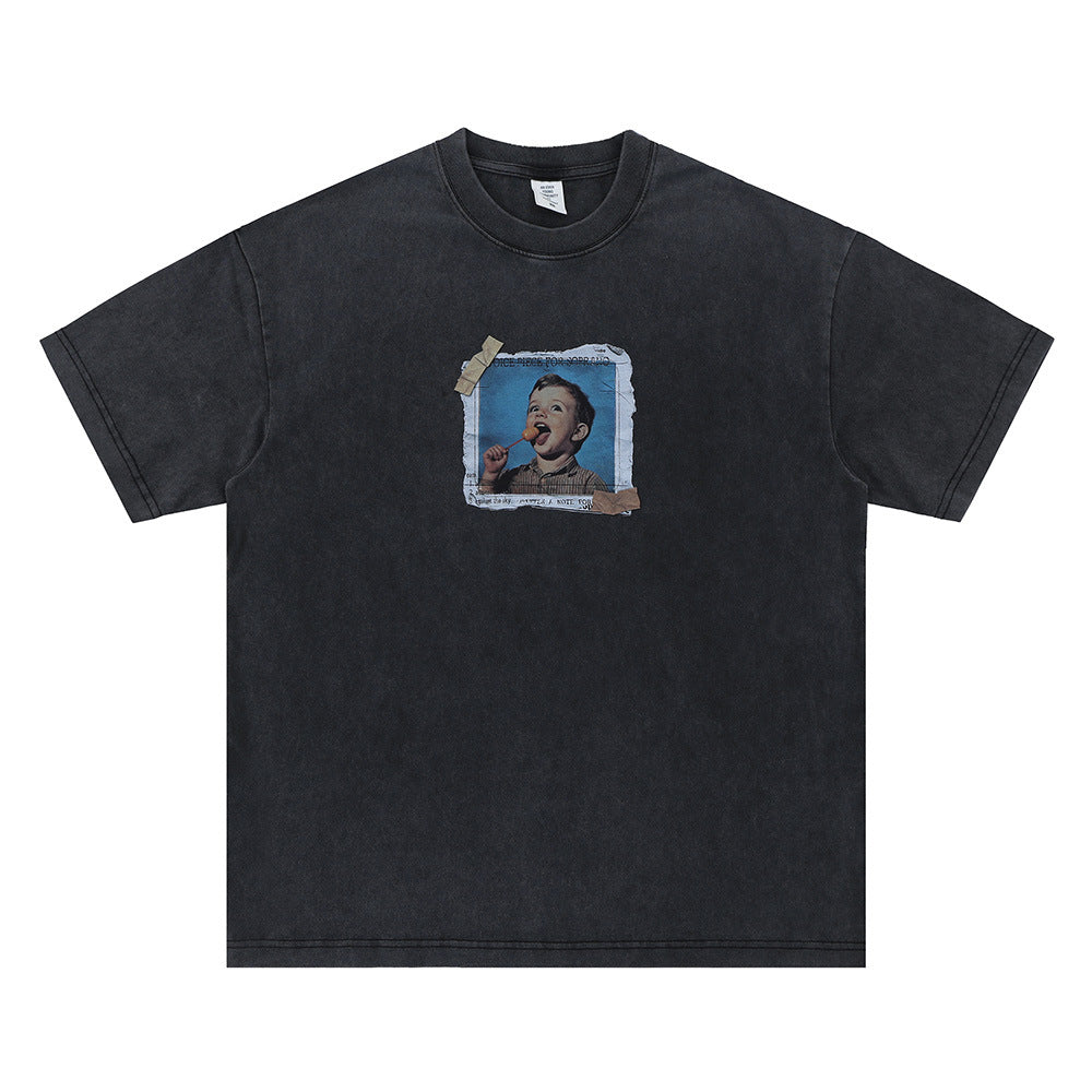 Vic Streetwear Summer Vintage Washed Kids Print Short Sleeve T-Shirt