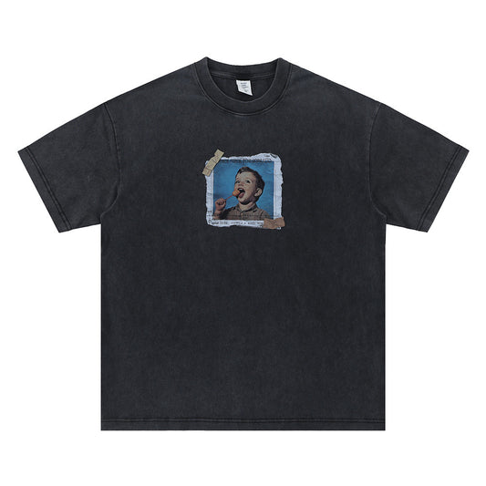 Vic Streetwear Summer Vintage Washed Kids Print Short Sleeve T-Shirt