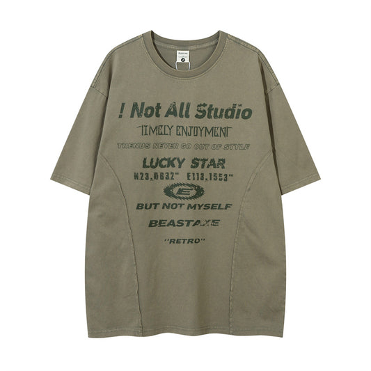 Y2K mens shirt washed splicing alphabet hip hop retro short sleeve t-shirt