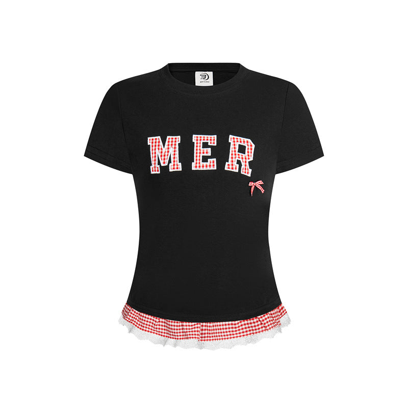 Casual Street Wear Embroidered Classic Alphabet Bow T-Shirt Crew Neck