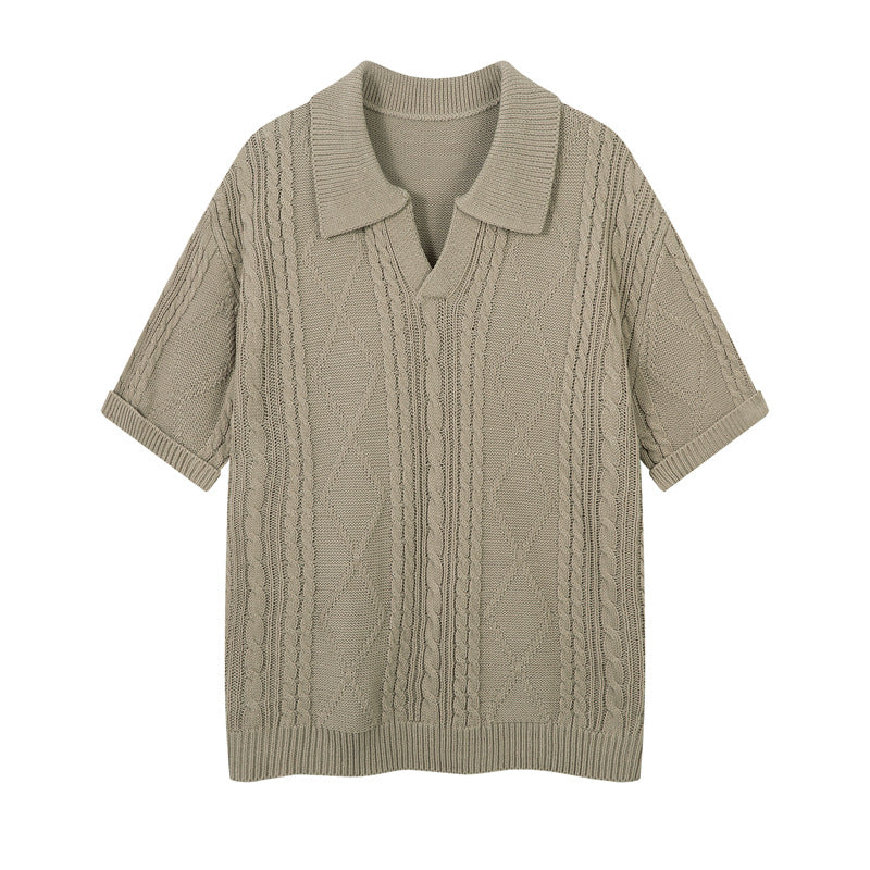 Casual Street Wear Vintage V-Neck Knitted Polo Shirt Short Lapel T-Shirt