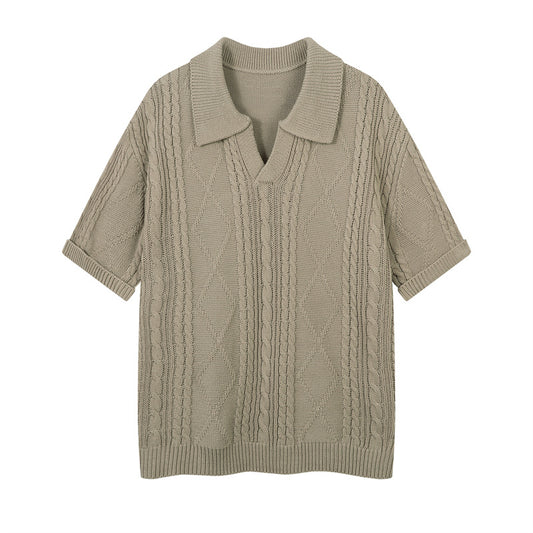 Casual Street Wear Vintage V-Neck Knitted Polo Shirt Short Lapel T-Shirt