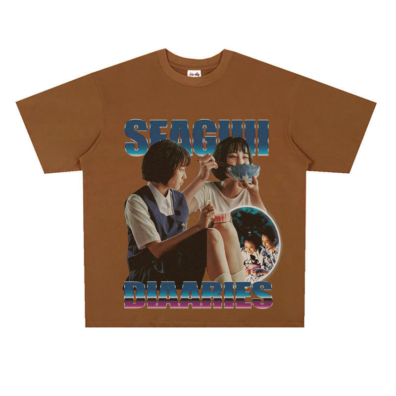Film Star T Shirt Sea Street Diary Loose Retro Street Pure Cotton American T-shirt Men and Women