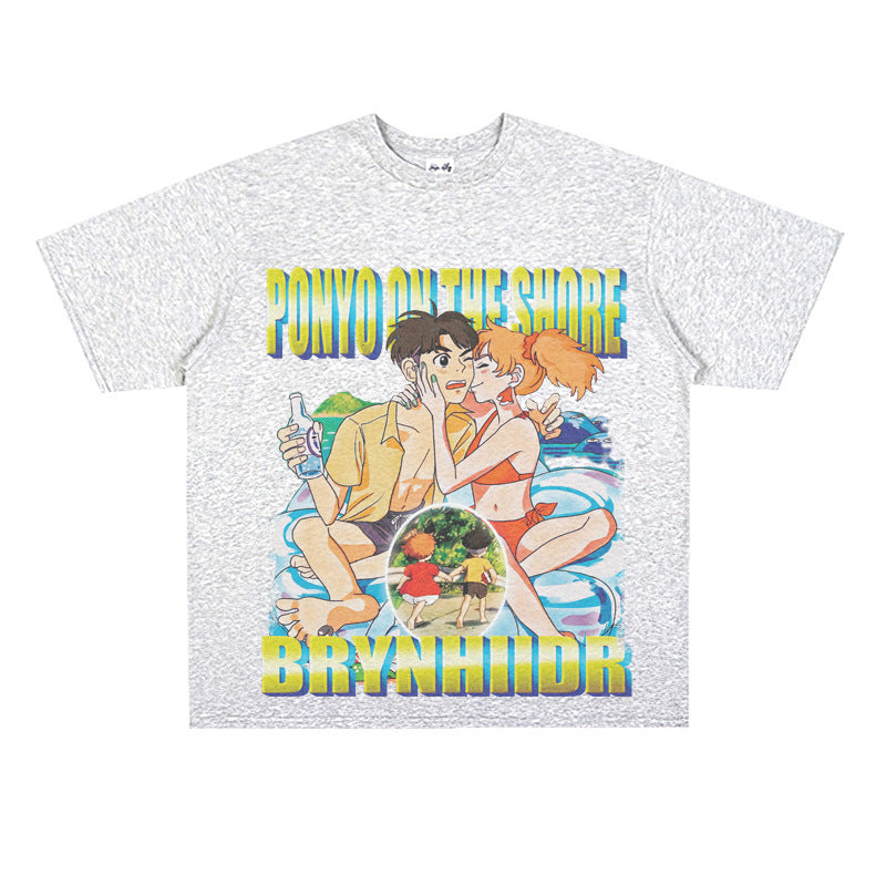 Film Star T Shirt Japanese Cartoons Animation Ponyo on the Cliff by the Sea Movie Loose Heavy Street Cotton T-shirt