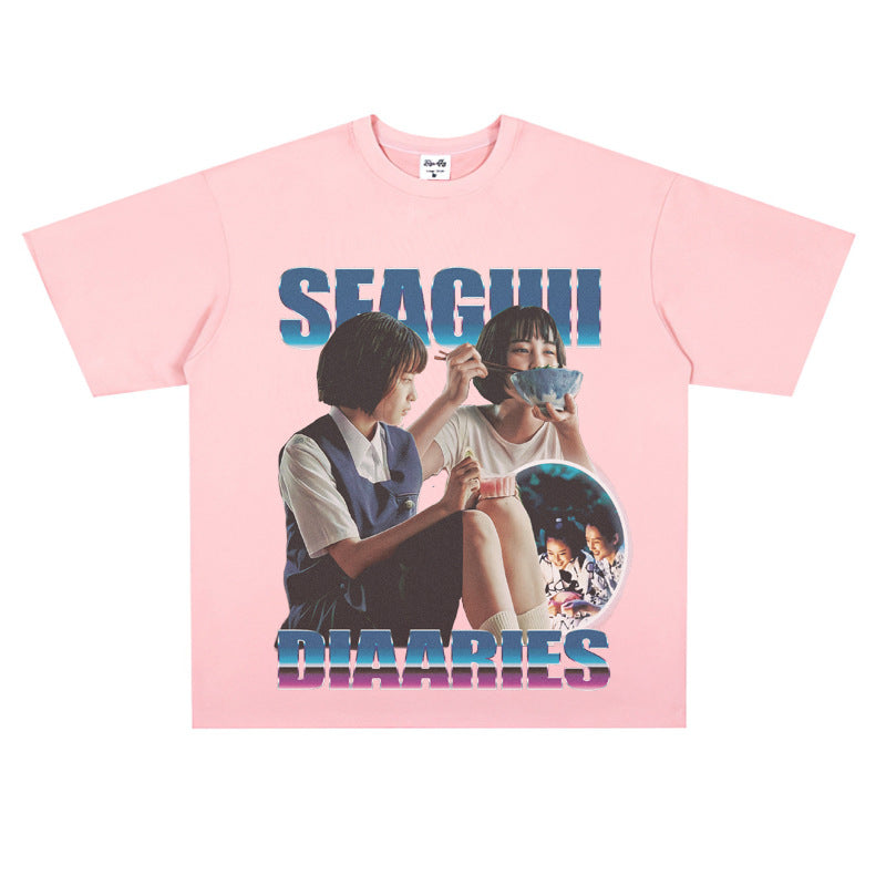 Film Star T Shirt Sea Street Diary Loose Retro Street Pure Cotton American T-shirt Men and Women
