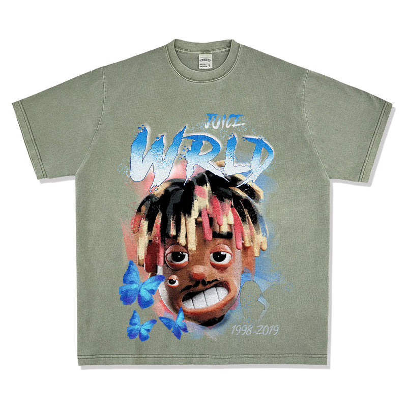 Cool t rapper rap Juice Wrld print hip hop short sleeve vintage loose