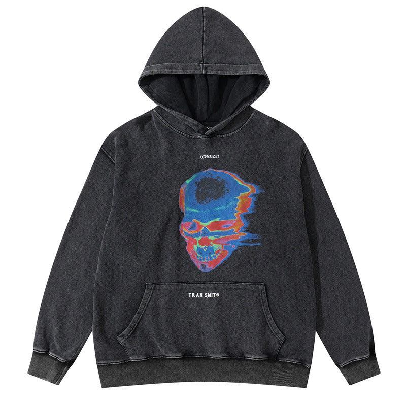 Streetwear Hoodie Hip Hop Skull Print Hooded Sweater Washed Old Loose Hoodie