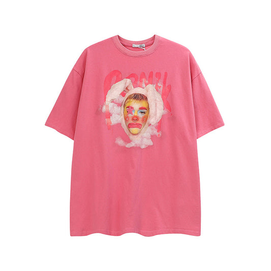 Hip Hop Clothes New York Vintage Wash Make Old Clown Print Short Sleeve T-Shirt