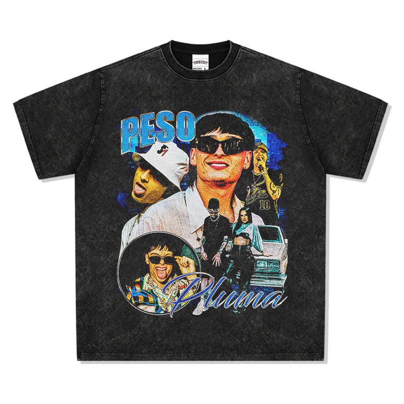 Outfit streetwear Vintage Hip Hop Peso Pluma Print Short Sleeve T-Shirt