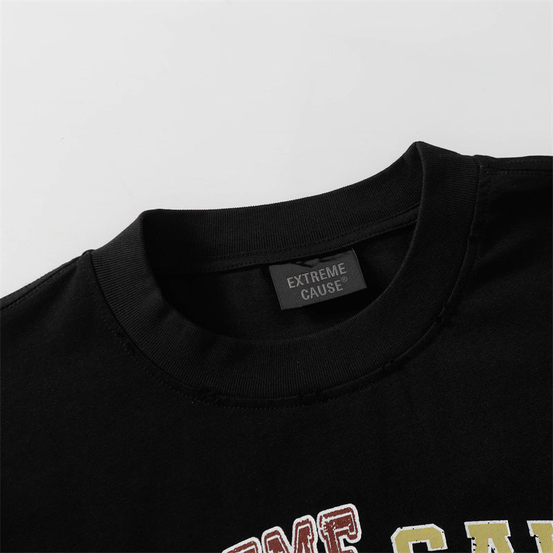 Camisas Retros Washed Old Crew Neck Letter Print Short Sleeve T-Shirt