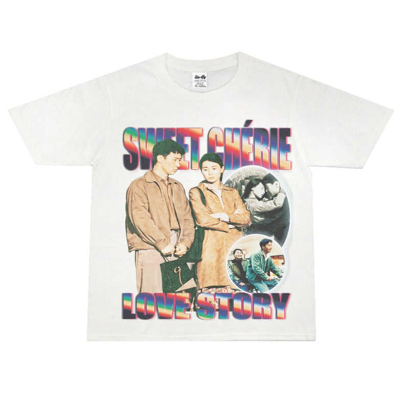 Film Star T Shirt Loose Heavy Retro Street Cotton Small Neckline T-shirt for Men and Women