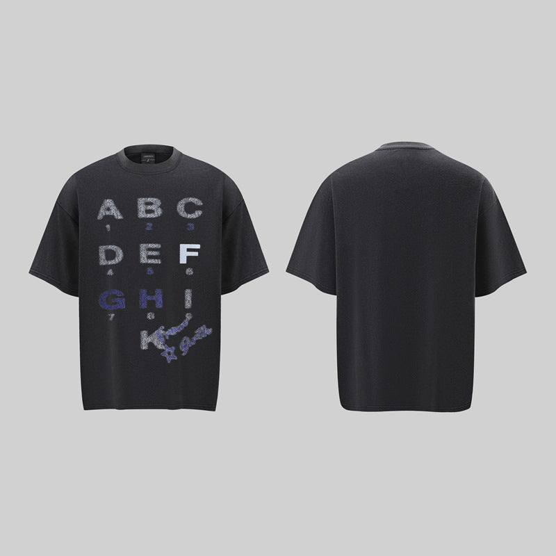 Camisas Retros Washed Old Letter Print Short Sleeve T-Shirt
