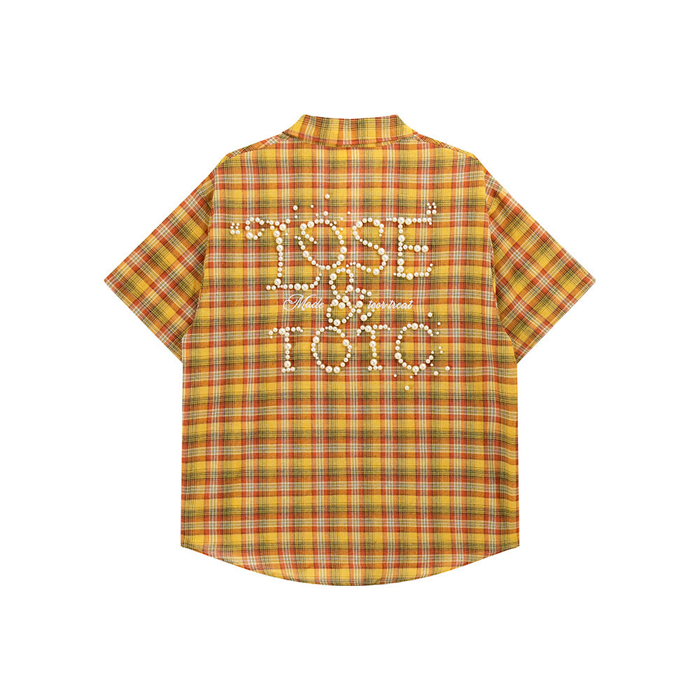 Nostalgia T Shirts Dopamine Yellow Checked Shirt Short Sleeve Summer Loose Polo Lapel Top