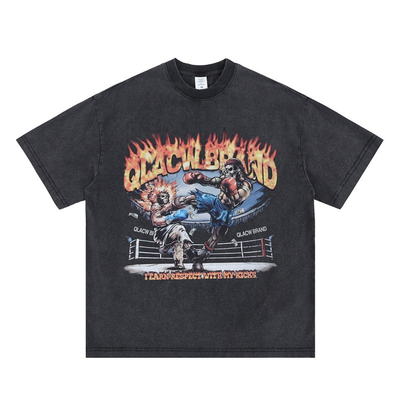 Vic Streetwear Summer Boxer Print Wash Water Short Sleeve T-Shirt