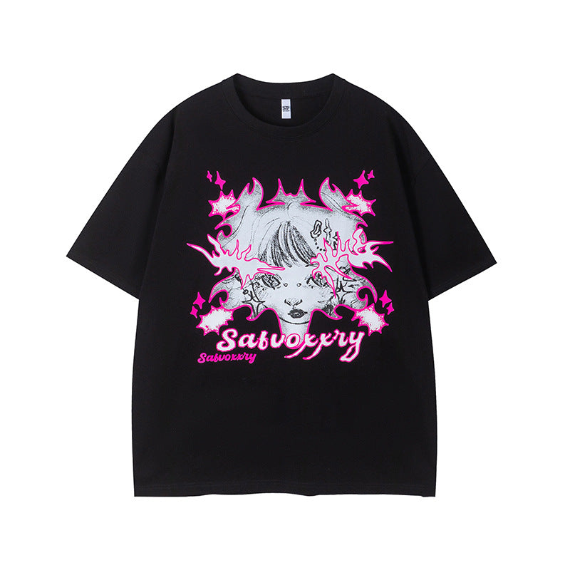 Vintage Tišö Rt Cartoon Printed Short Sleeve T-Shirt Loose Casual Top