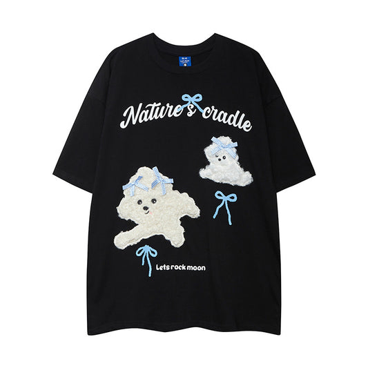Nostalgia T Shirts Dog Flocking Embroidery Short Sleeve T-Shirt Bow Loose Top