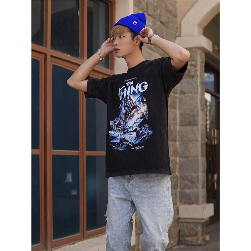 Film Star T Shirt Cotton Loose Nostalgic Short Sleeve American Retro Fashion Printed T-shirt for Men