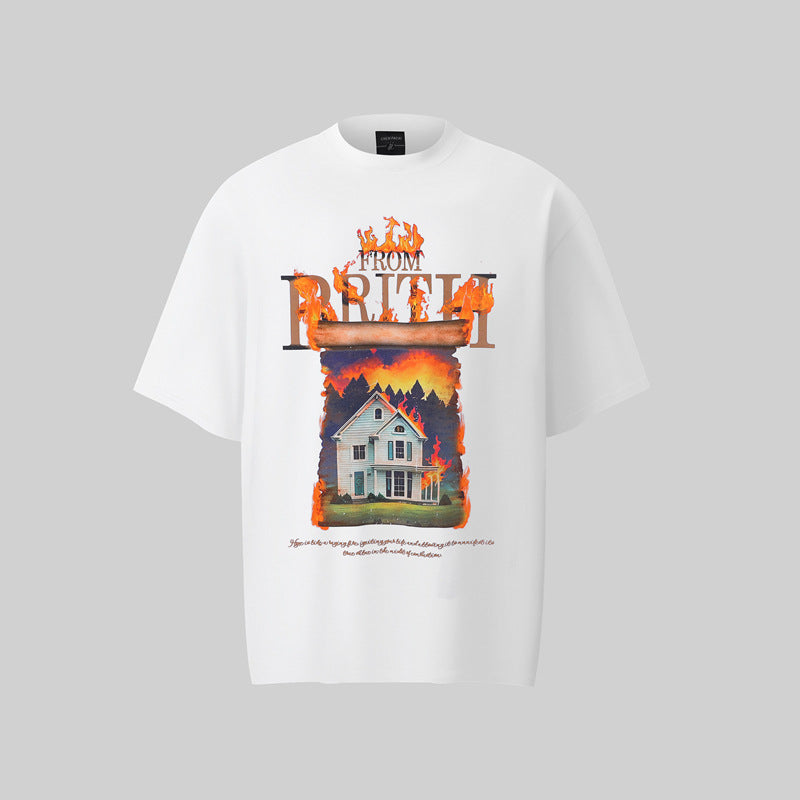 Camisas Retros White Ink Fire House Pattern 3D Printed Design Short Sleeve T-Shirt