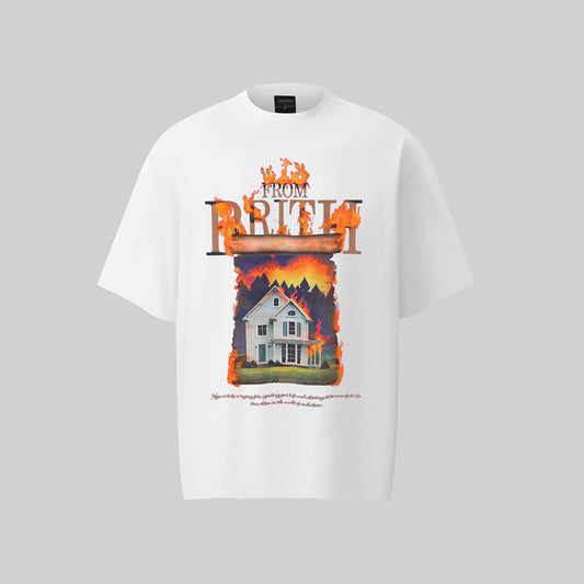 Camisas Retros White Ink Fire House Pattern 3D Printed Design Short Sleeve T-Shirt