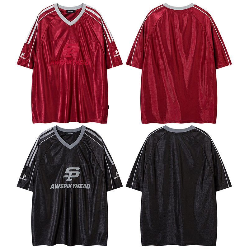 Marcas De Streetwear Vintage Sport Three-Bar Letter Print Ball Jacket Short Sleeve T-Shirt