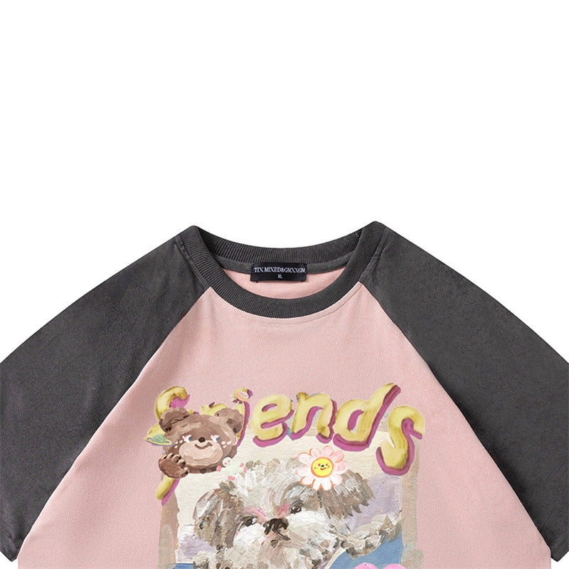US drip outfits summer vintage doggy casual loose short sleeve T-Shirts
