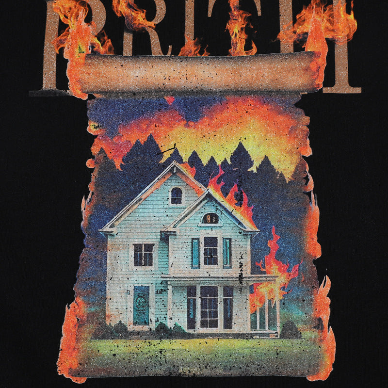 Camisas Retros White Ink Fire House Pattern 3D Printed Design Short Sleeve T-Shirt