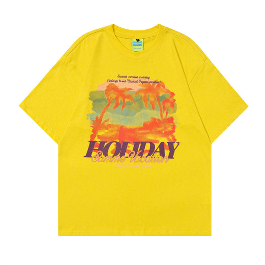 90s West Coast Hip Hop Fashion T Shirts Spring Summer Sunset Beach Print Half Sleeve Top
