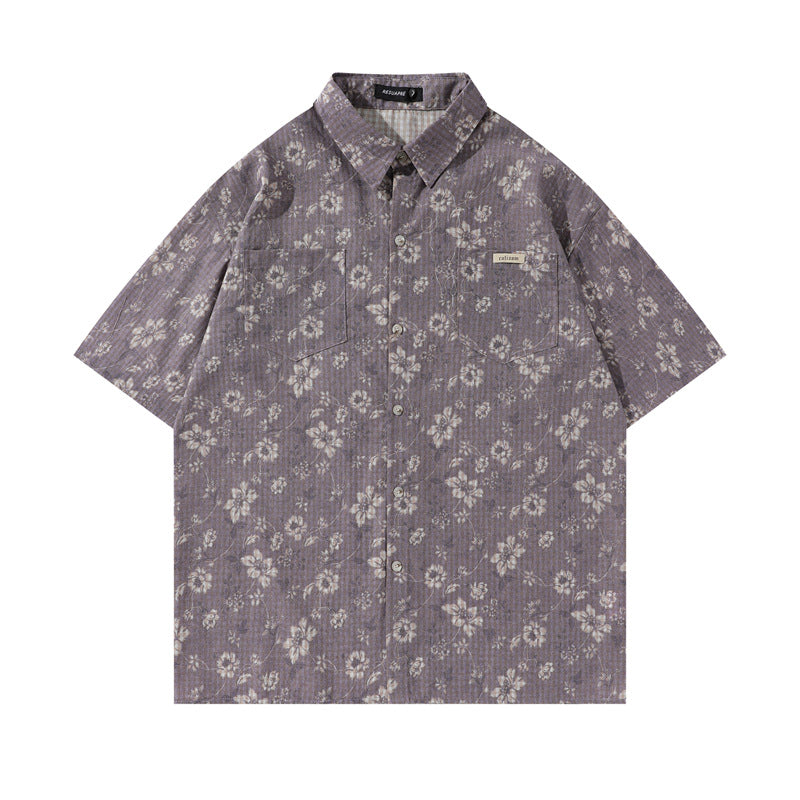 Y2K mens shirt retro loose shirt pleated floral men's casual short-sleeved tie shirt