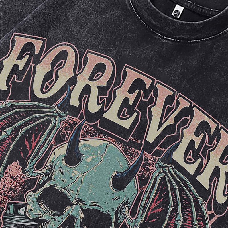 Ropa Vintage Hombre Vintage Skull Print Old Washed Loose Short Sleeve T-Shirt