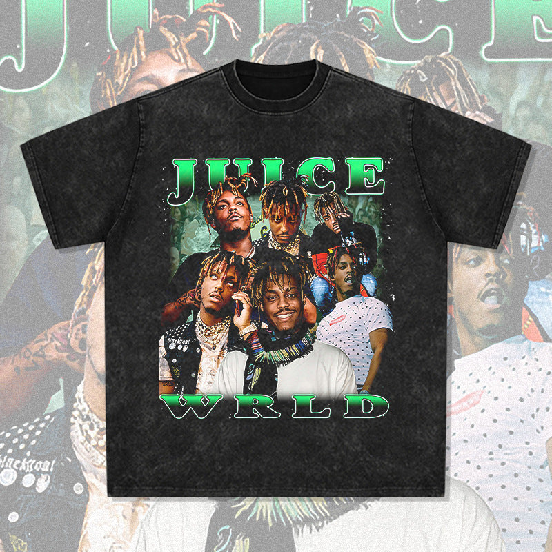 Cool t rapper retro rapper Juice WRLD character print short sleeve t-shirt loose long sleeve top