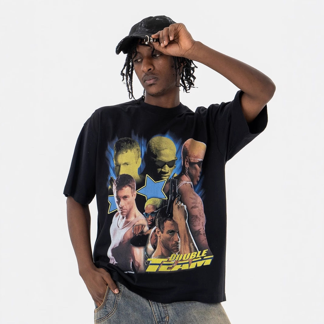 Vintage College Shirts Vintage Hip Hop Portrait Print Crew Neck Short Sleeve T-Shirt