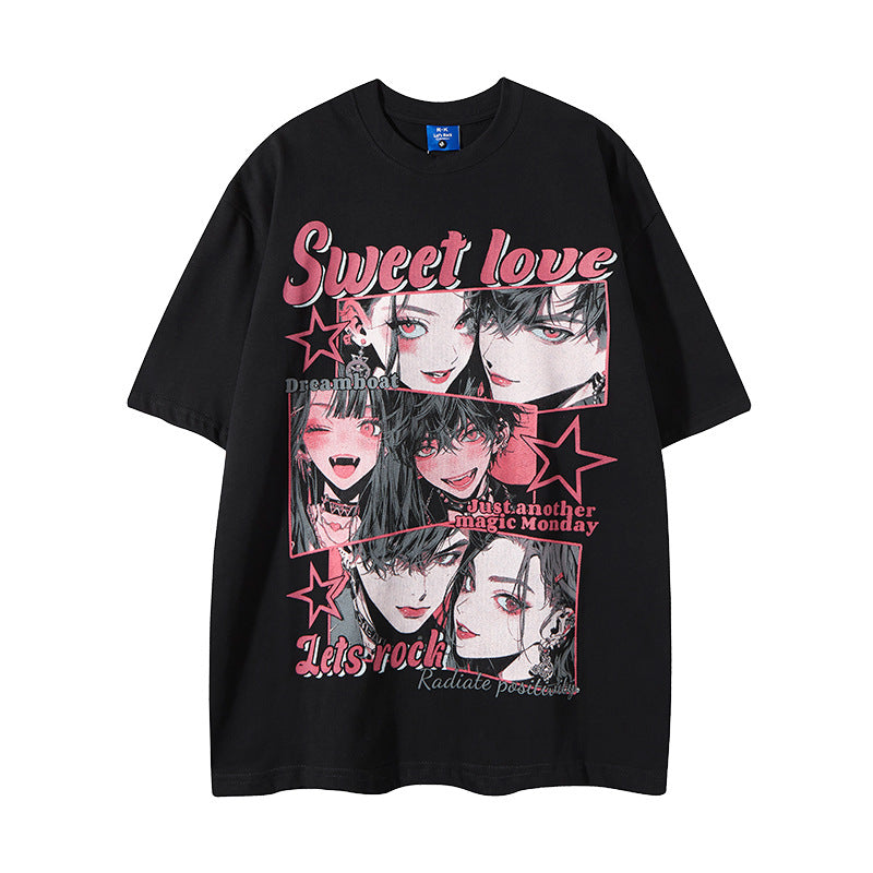 Nyc 1990 Shirt Vintage Anime Print Black Short Sleeve T-Shirt