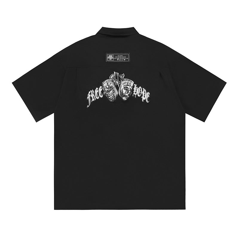 Stone Wash T shirt Clown Mask Embroidery Loose Tooling Shirt Short Sleeve