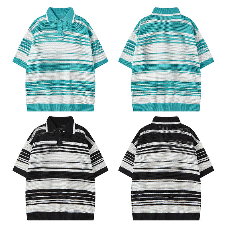 Nyc 1990 Shirt Casual Loose Knitted Sweater POLO Neck Lapel Hollow Stripe