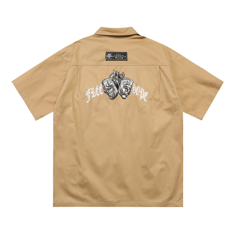Stone Wash T shirt Clown Mask Embroidery Loose Tooling Shirt Short Sleeve