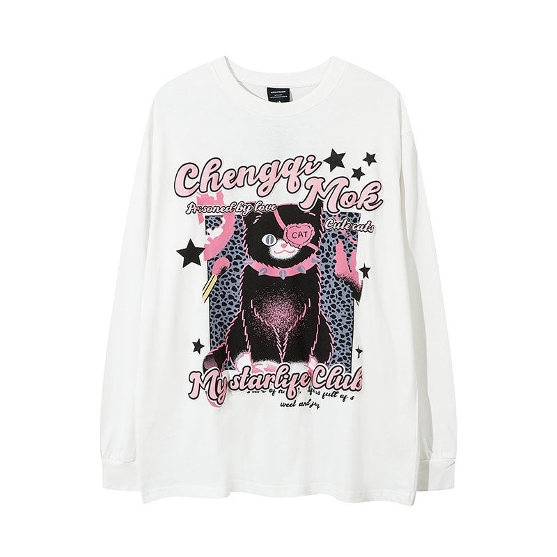 Marcas De Streetwear Cat Print Casual Men's and Women's Long Sleeve T-Shirt