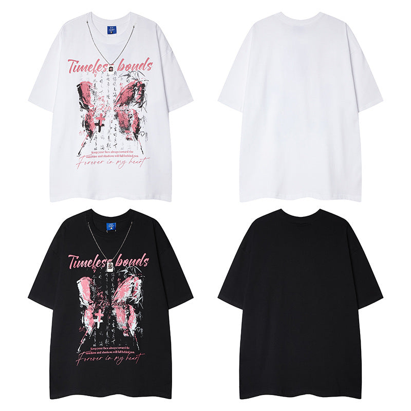 Casual Street Wear Butterfly Print Crew Neck Short Sleeve T-Shirt Vintage Loose
