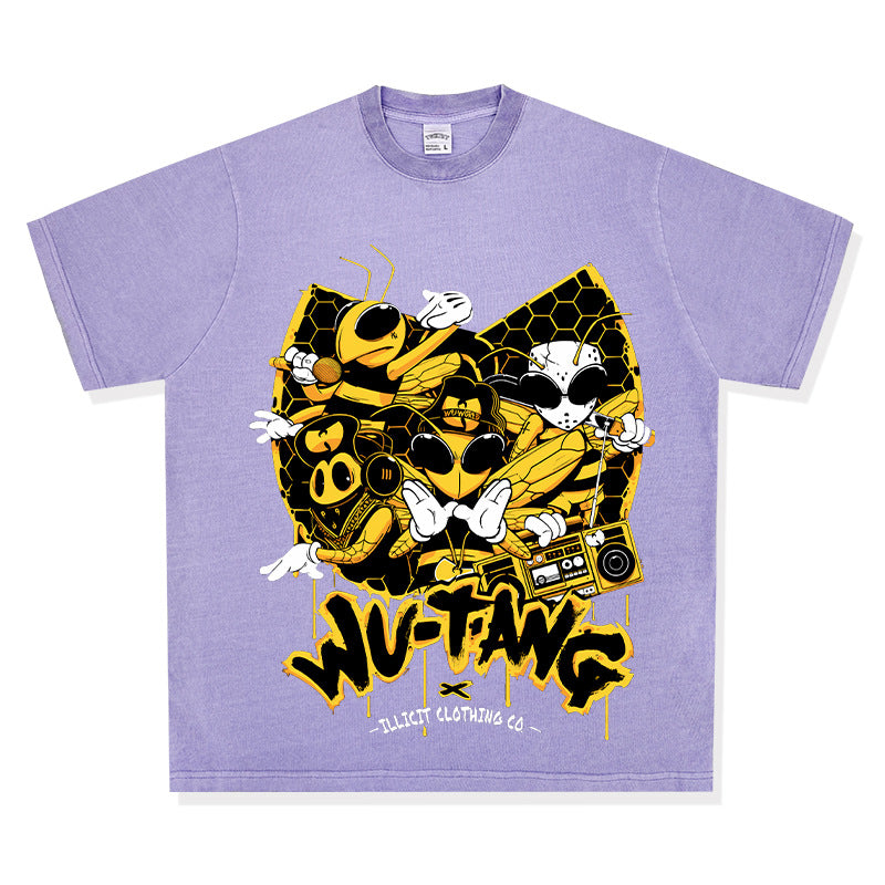 Streetwear masculino wu-tang print vintage short-sleeved t-shirt