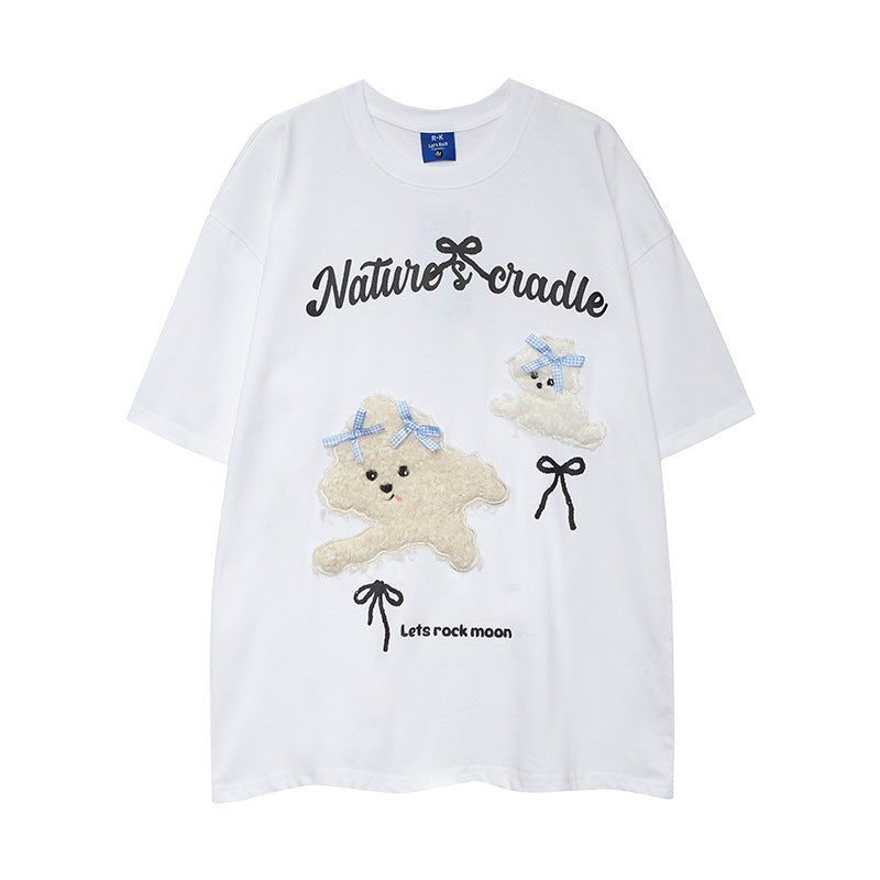 Nostalgia T Shirts Dog Flocking Embroidery Short Sleeve T-Shirt Bow Loose Top