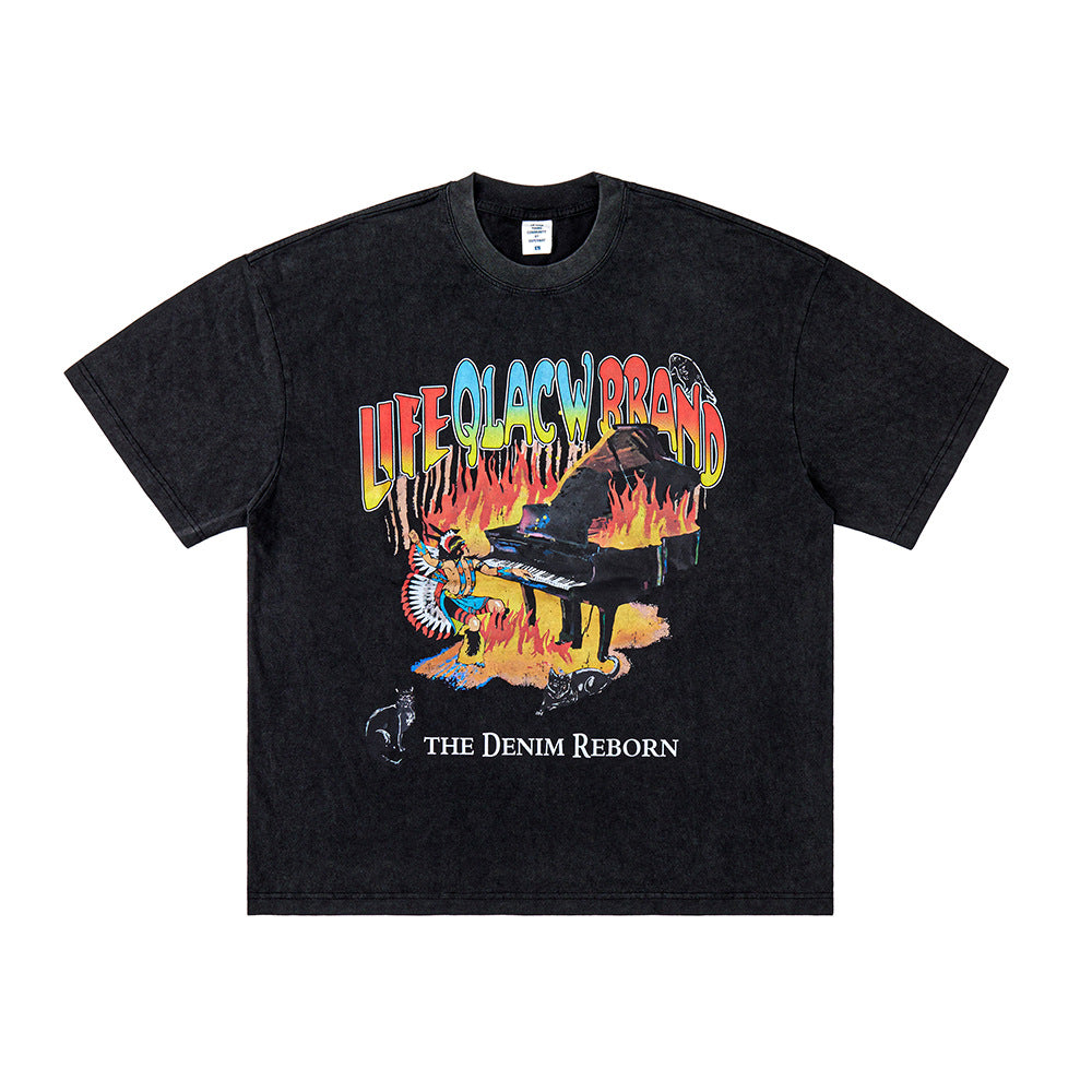 Vic Streetwear Summer Piano Print Washed Short Sleeve T-Shirt