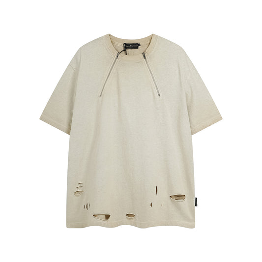1990 Fashion T-Shirt Washed Ripped Zipper Short Sleeve