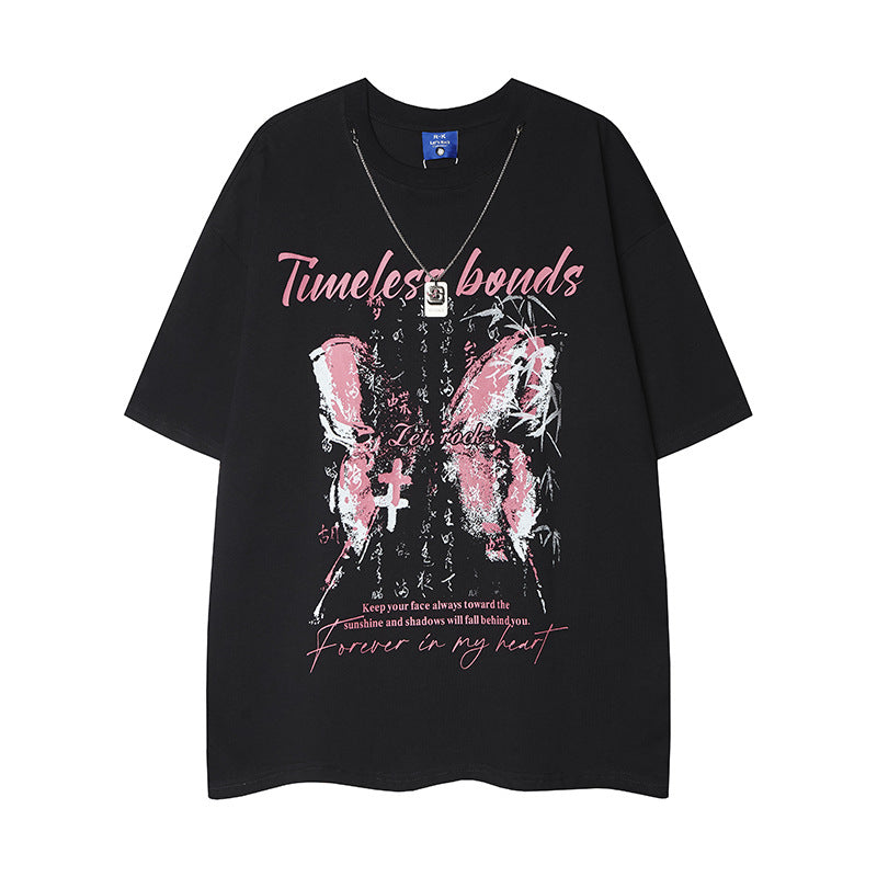 Casual Street Wear Butterfly Print Crew Neck Short Sleeve T-Shirt Vintage Loose
