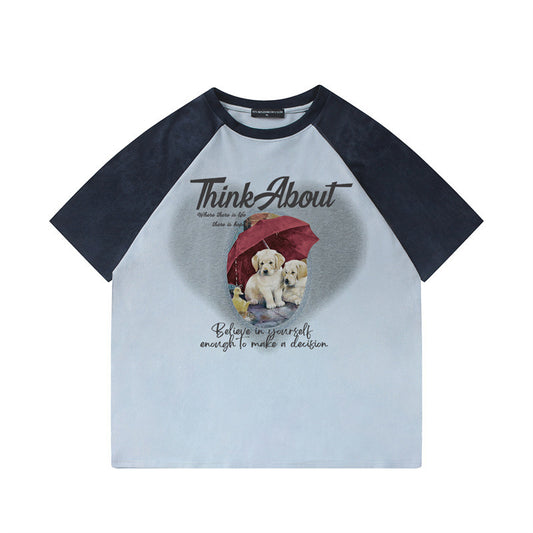 Camisetas streetwear Summer Vintage Cute Umbrella Puppy Casual Loose Short Sleeve T-Shirt