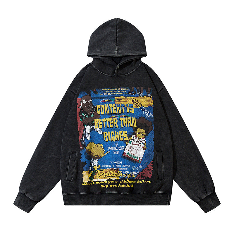 Streetwear Hoodie Vintage Washed Old Hooded Sweater Cartoon Cartoon Character Print Casual Hoodie