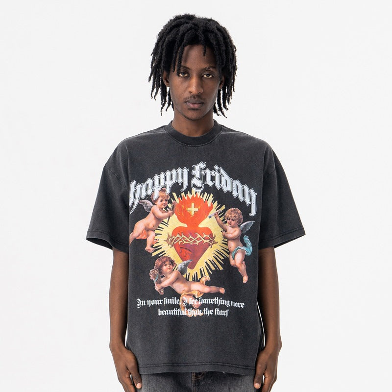 Vintage College Shirts Summer Heart Print Crew Neck Short Sleeve T-Shirt
