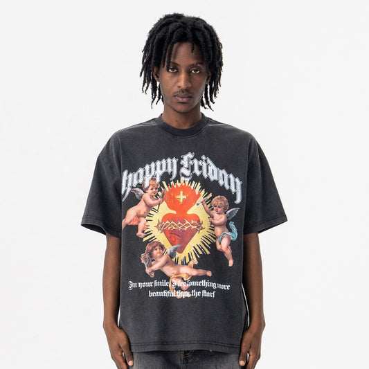 Vintage College Shirts Summer Heart Print Crew Neck Short Sleeve T-Shirt